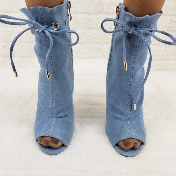 Denim Drawstring Open Toe High Heel Ankle Boots - Picture 7 of 9
